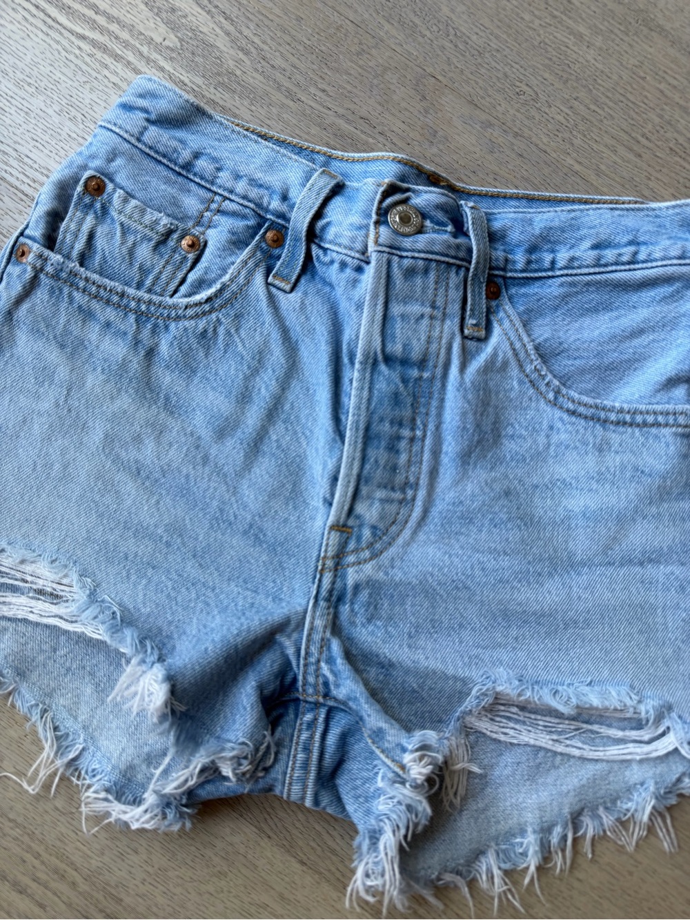 Levi's Light Blue Distressed High-Waist Cutoff Shorts - Picture 3 of 7